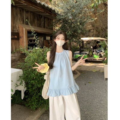 甜美韩系蓝色小衫衬衫女夏季2025新款别致木耳边宽松无袖背心上衣