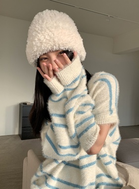 韩系慵懒风毛衣女秋冬小众设计高级感软糯温柔蓝色条纹V领针织衫