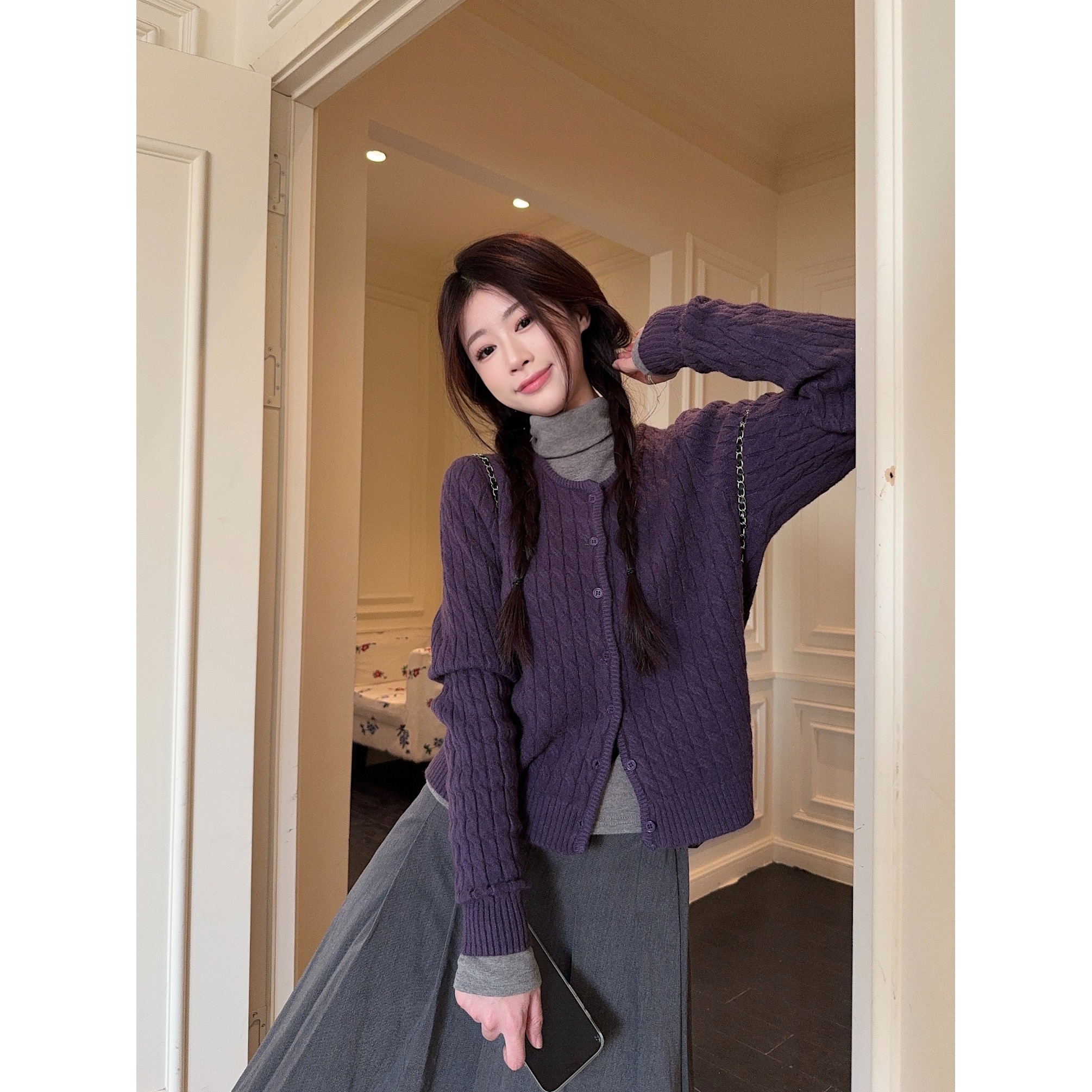 高级感紫色韩系针织开衫女秋冬气质显瘦百搭慵懒宽松毛衣外套上衣