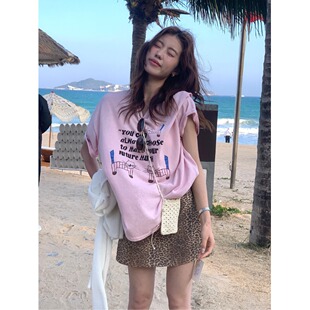 T恤女2026新款 美式 宽松夏季 粉色半袖 上衣 慵懒休闲圆领早春短袖