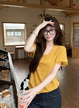 蕾丝拼接别致条纹肌理感短袖T恤女夏季宽松休闲设计感黄色上衣
