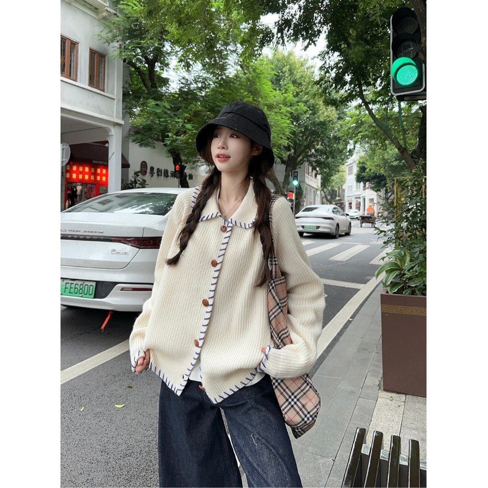 设计感手工撞色毛衣外套女秋冬2024新款宽松慵懒风外搭针织开衫