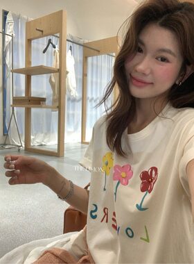 彩色花朵印花短袖T恤女2026春夏宽松慵懒休闲纯棉圆领体恤上衣