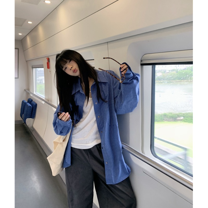 蓝色复古格子衬衫薄外套女春夏宽松慵懒松弛休闲长袖防晒衬衣上衣