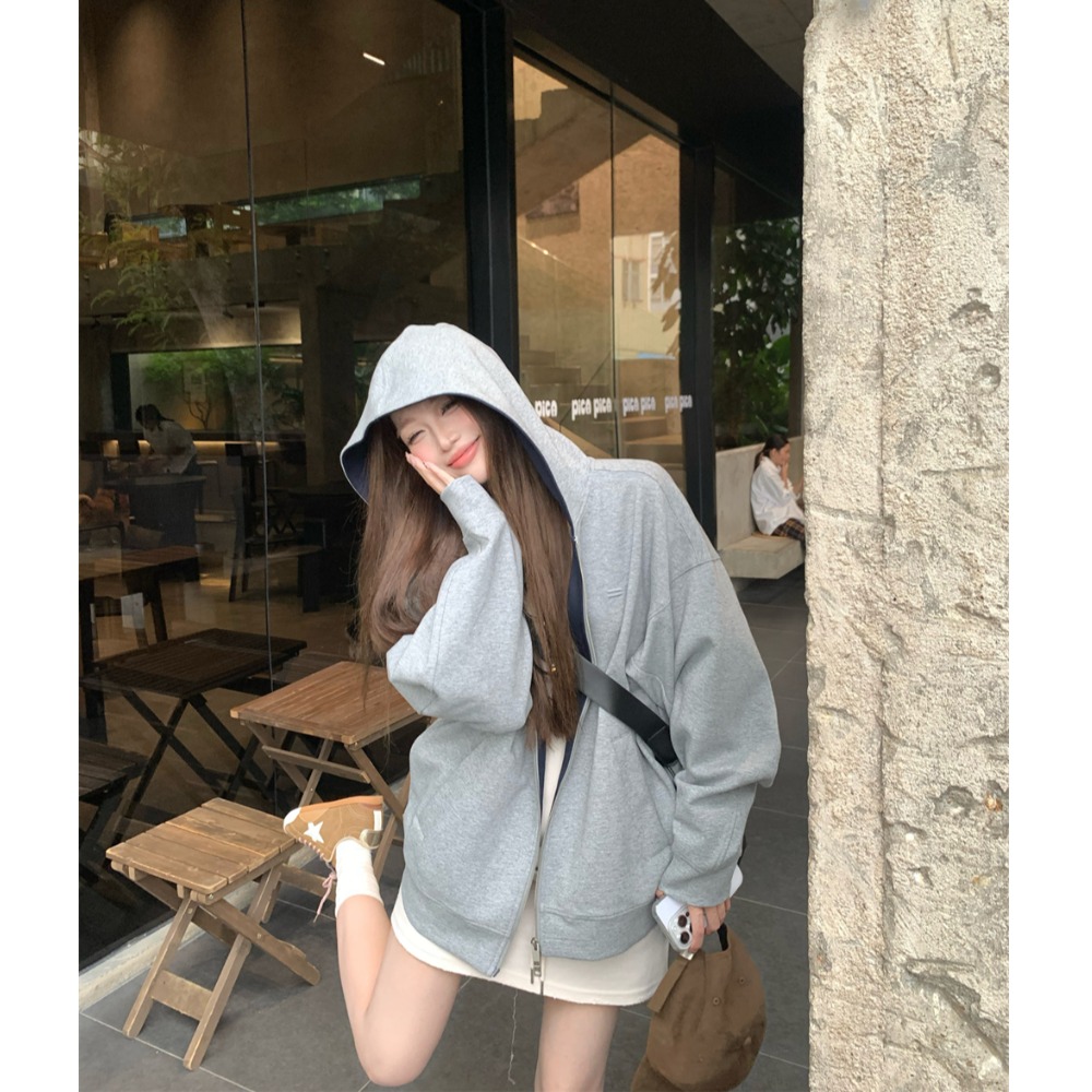 美式慵懒chic灰色连帽卫衣外套女款秋季宽松休闲高级百搭拉链上衣