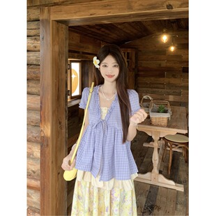 宽松别致假两件紫色格子短袖衬衫上衣+法式油画感韩系花卉半身裙