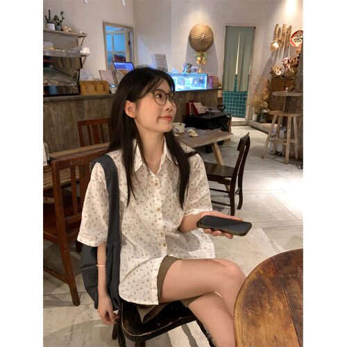 慵懒风休闲夏季短袖衬衫女2025新款韩系甜美宽松显瘦薄款衬衣上衣