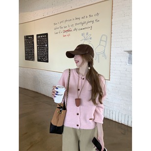 温柔韩系粉色毛衣外套女秋冬2025新款宽松慵懒风百搭针织开衫上衣