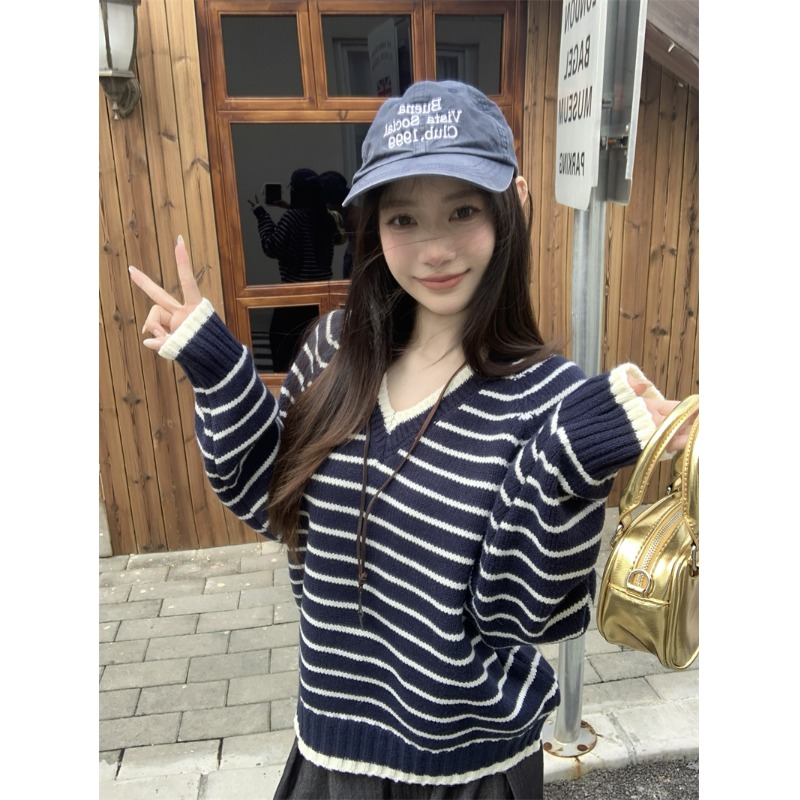 韩系V领条纹套头秋冬毛衣女装2025新款宽松慵懒高级针织衫上衣