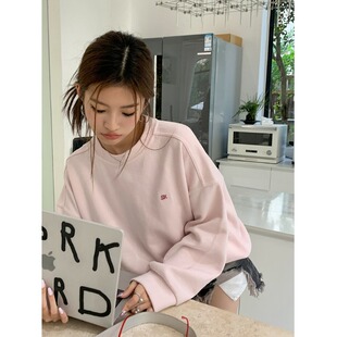 宽松慵懒松弛粉色圆领卫衣外套女2026秋季新款休闲韩系套头上衣