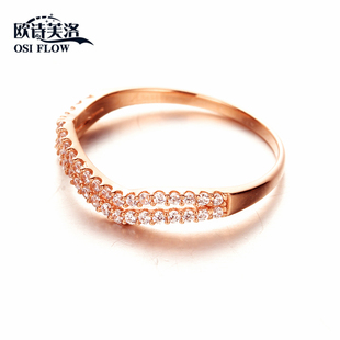 欧诗芙洛正品纯俄罗斯Au585紫金戒指女纯14K玫瑰金彩金双波浪排钻