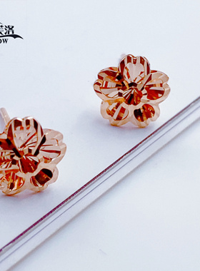 正品俄罗斯14K玫瑰金甜美镂空小花耳钉女新款时尚闪亮紫金Au585