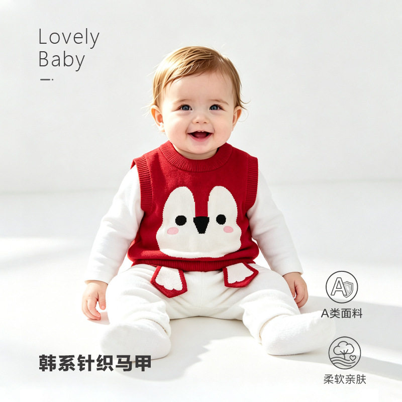 婴儿秋季A类针织马甲红企鹅