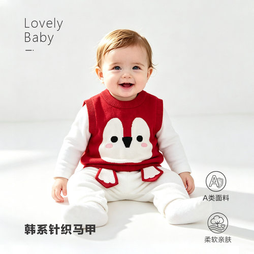 婴儿秋季A类针织马甲红企鹅