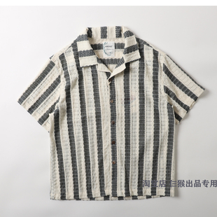 痞帅有型！日系懒惰风针织镂空透气古巴领宽松短袖衬衫男半袖衬衣
