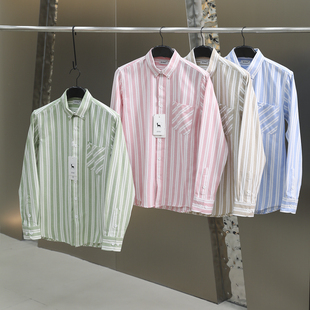 秋季 文艺简约 情侣款 棉质百搭尖领长袖 欧洲单 衬衫 清新粗条纹