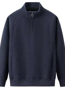 15413华夫格拉链半高立领插肩袖外贸男装休闲纯色宽松型套头卫衣