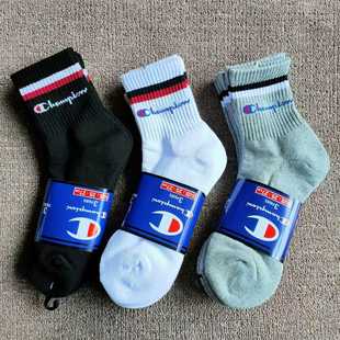 冠军champion袜子男女中筒中帮毛巾底运动袜棉袜潮牌草写一组3双