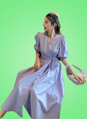 法式小众V领泡泡袖紫色连衣裙女夏2020新款气质收腰A字女神范裙子