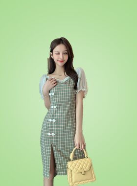 大码复古泡泡袖中长款修身显瘦格子改良版旗袍一字肩连衣裙女夏季