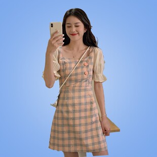 大码女装夏新款法式复古方领桔梗格子裙胖妹妹气质显瘦收腰连衣裙