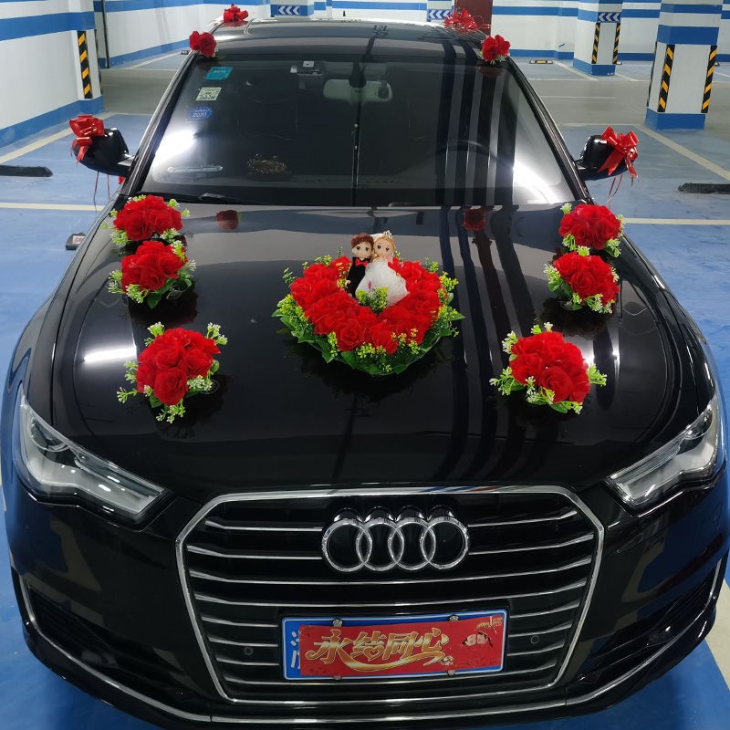 结婚用品中式主副车头花布置婚庆新娘婚车仿真花小熊装饰套装吸盘