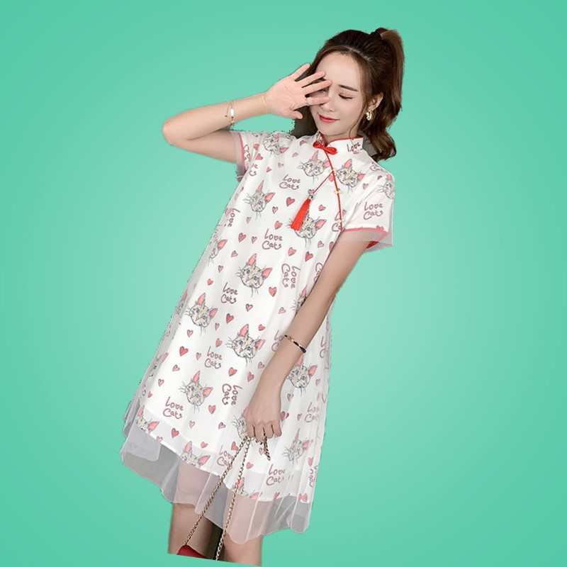 大码女装胖妹妹mm甜美时尚连衣裙女夏季猫咪印花改良旗袍裙