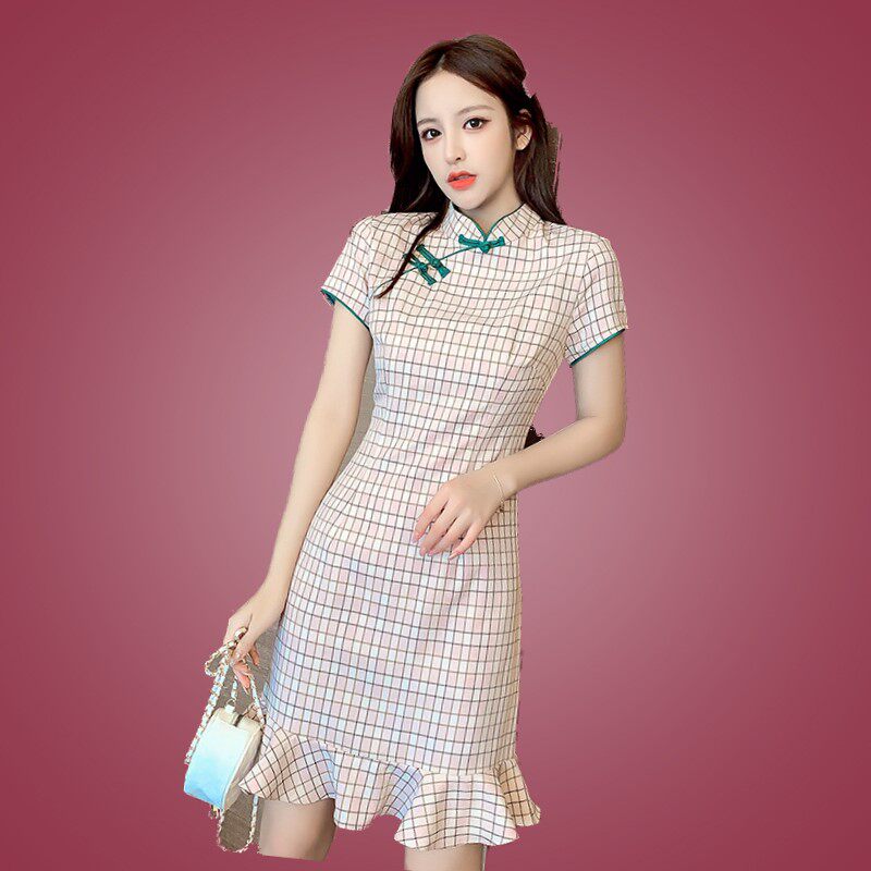 2020夏季新款时尚休闲高腰鱼尾子旗袍改良版中国风格连衣裙女