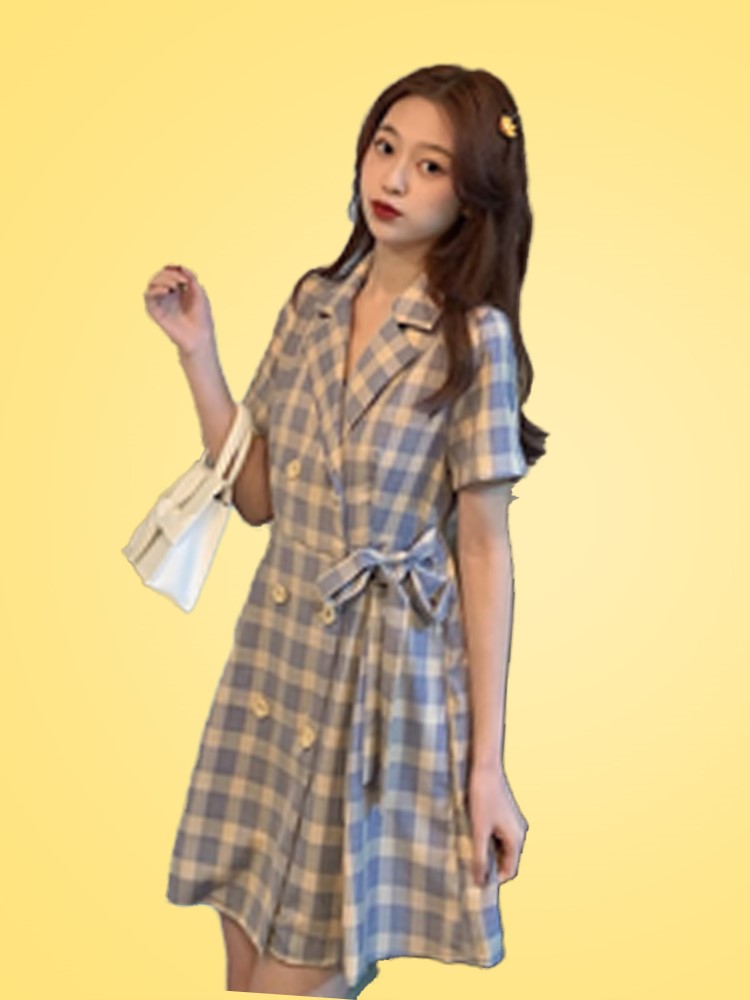 春装裙子2020年新款春季气质收腰西装领格子连衣裙女夏显瘦A字裙