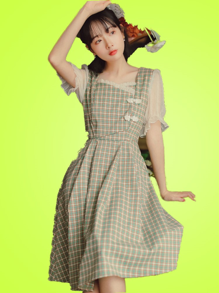 改良新款连衣裙女2020元素法式版旗袍复古汉泡泡袖小个子格子长裙