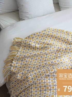 新品包邮针织毯午睡小毯子美式钩针装饰毯毛毯线毯黄色小方格搭巾