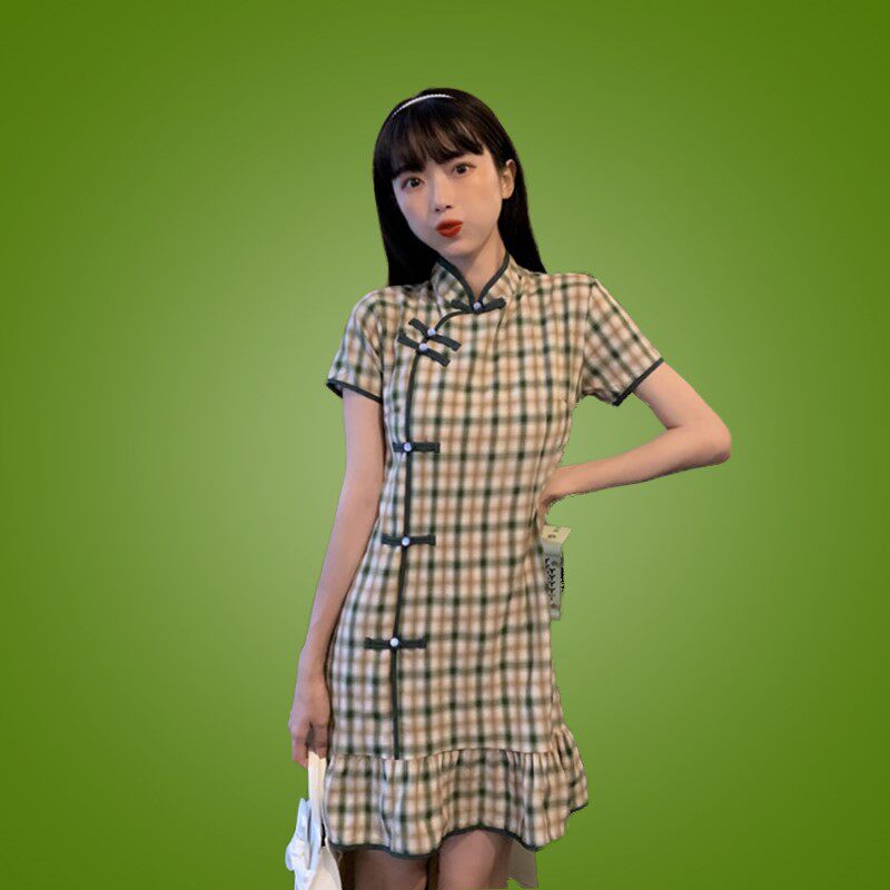 立领旗袍夏季版连衣裙女新款2020改良韩版气质修身显瘦复古格子裙