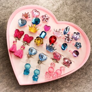 儿童宝石戒指耳环耳夹饰品闪钻无耳洞带吊坠女童小孩生日礼物包邮