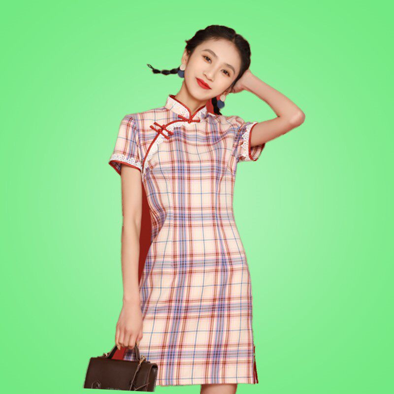 年轻少女短款修身学生日常可爱甜美旗袍款改良文艺格子连衣裙