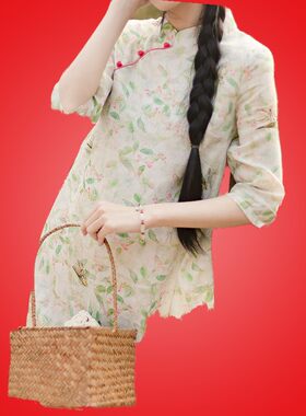 民族风宽松连衣裙女夏天棉麻薄款苎麻茶服a字裙改良旗袍高端遮肚