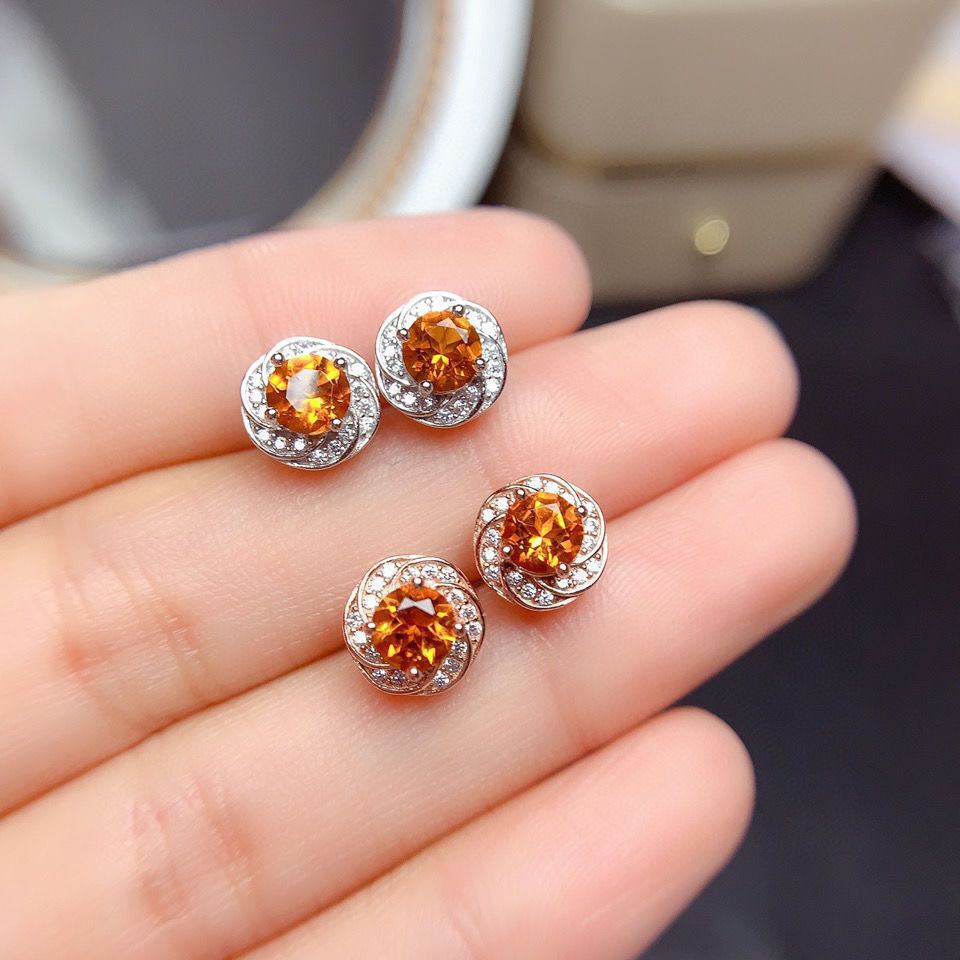 直播货源厂家批发仿莫桑钻花朵耳钉女黄水晶锆石香槟色摩根石耳饰