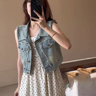 小个子烫钻毛边甜美叠穿好看短款 港风复古牛仔马甲外套女夏季 上衣