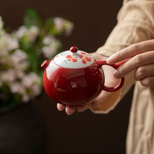 雅器茶居*祭红釉蝴蝶兰花西施壶手绘陶瓷茶壶红色泡茶壶功夫茶具