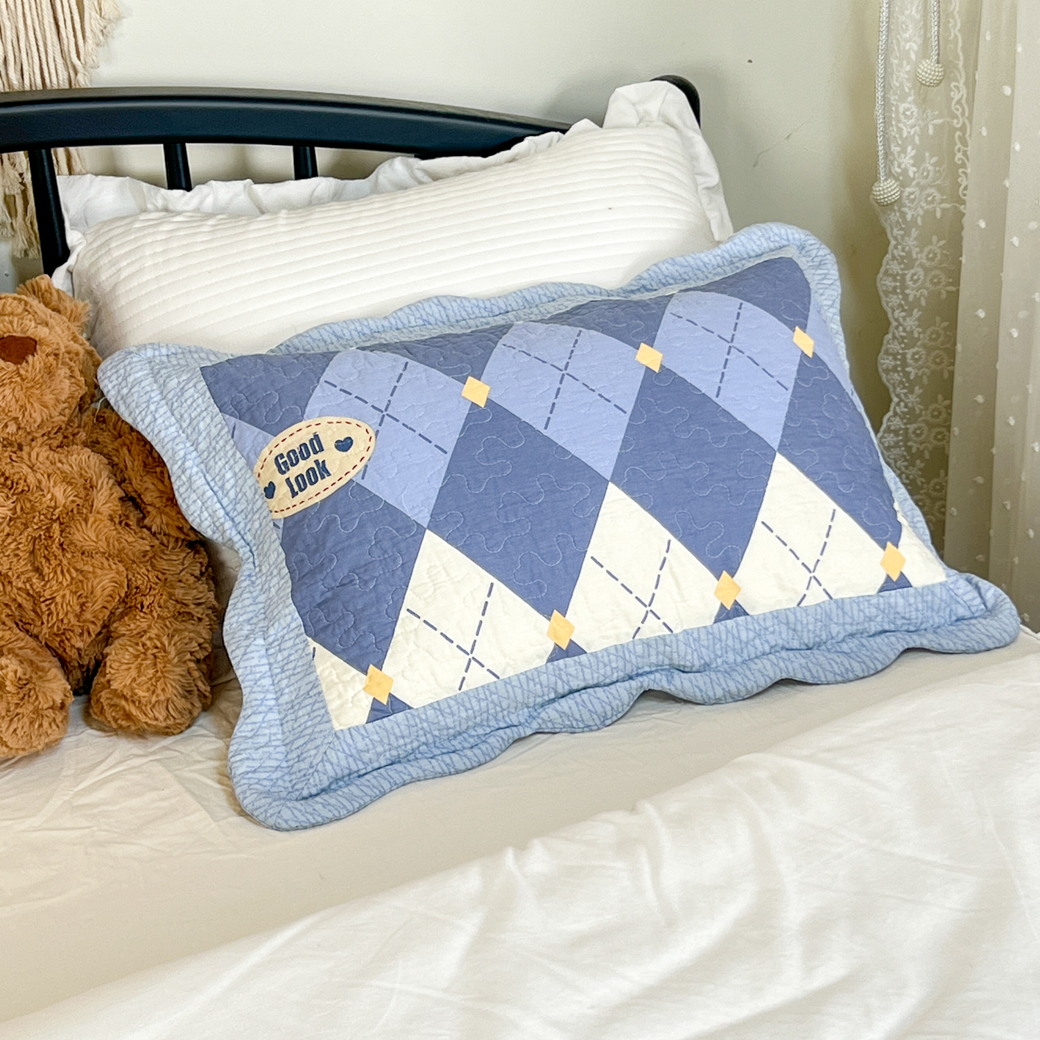 100%纯棉斜纹绗缝菱形格纹枕套