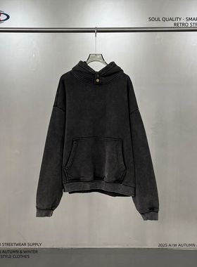 ARTIE|2025秋冬新品370G保暖潮牌四合扣连帽加绒水洗黑蜡染卫衣