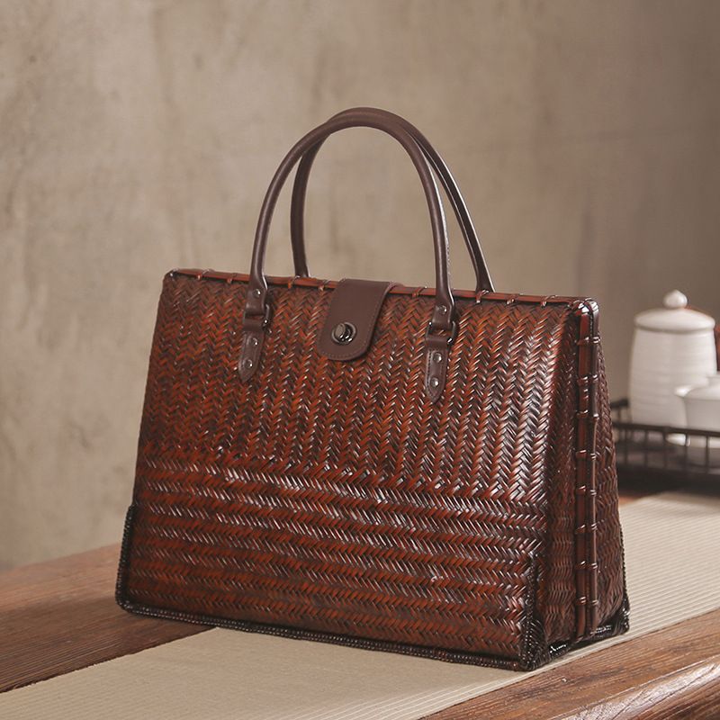 仿古竹编手提包时尚公文包男女茶