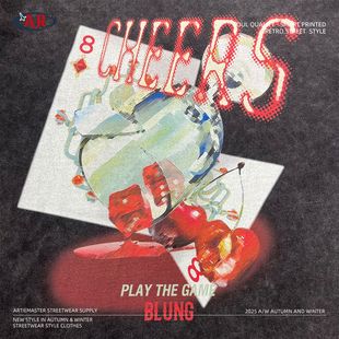 新款 t恤 275G纯棉洗水做旧复古潮牌扑克骰子游戏直喷印花螺纹长袖