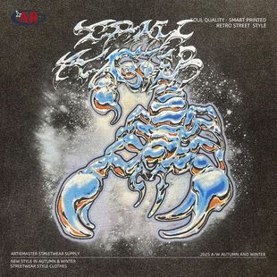 洗水做旧长袖 兄弟数码 潮流蝎子炫酷迷幻白墨印花街头假两件拼接袖