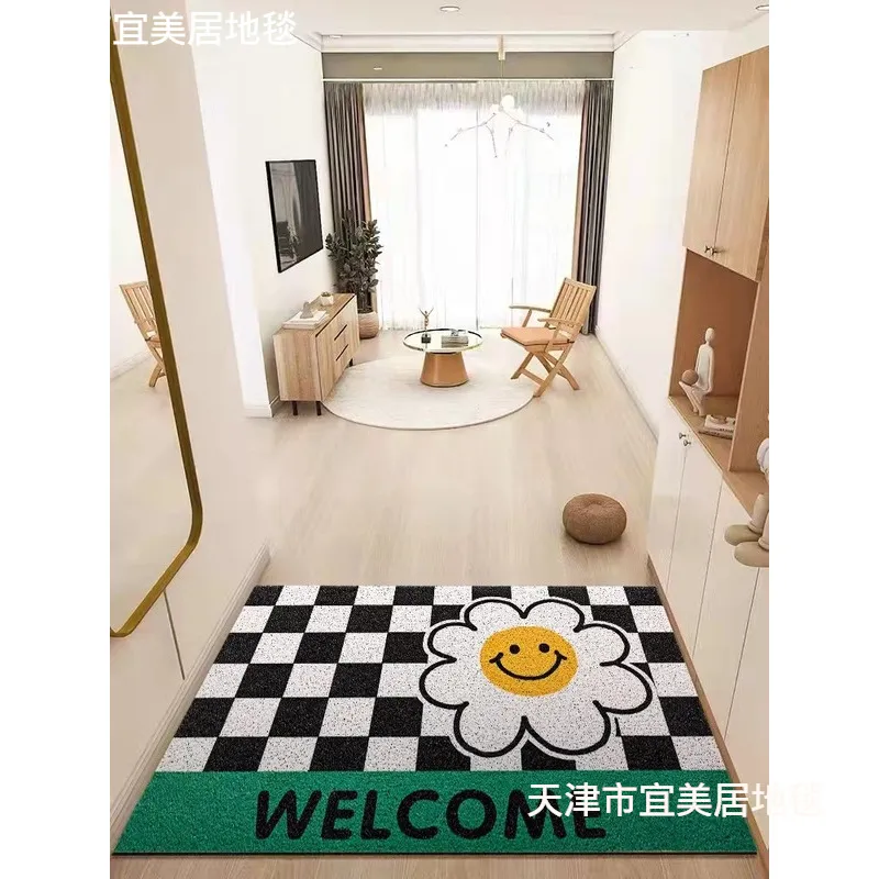 格子笑脸丝圈地垫入户门脚垫防滑门垫加密pvc厨房地垫防尘大门垫