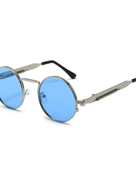 新款跨境时尚圆形蒸汽朋克墨镜 男女复古太阳镜 弹簧镜腿金属眼镜