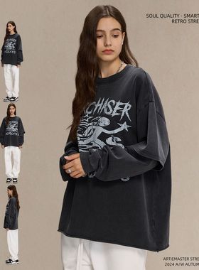 ARTIE男装|潮牌复古假两件印花圆领长袖t恤男做旧洗水圆领街头潮T