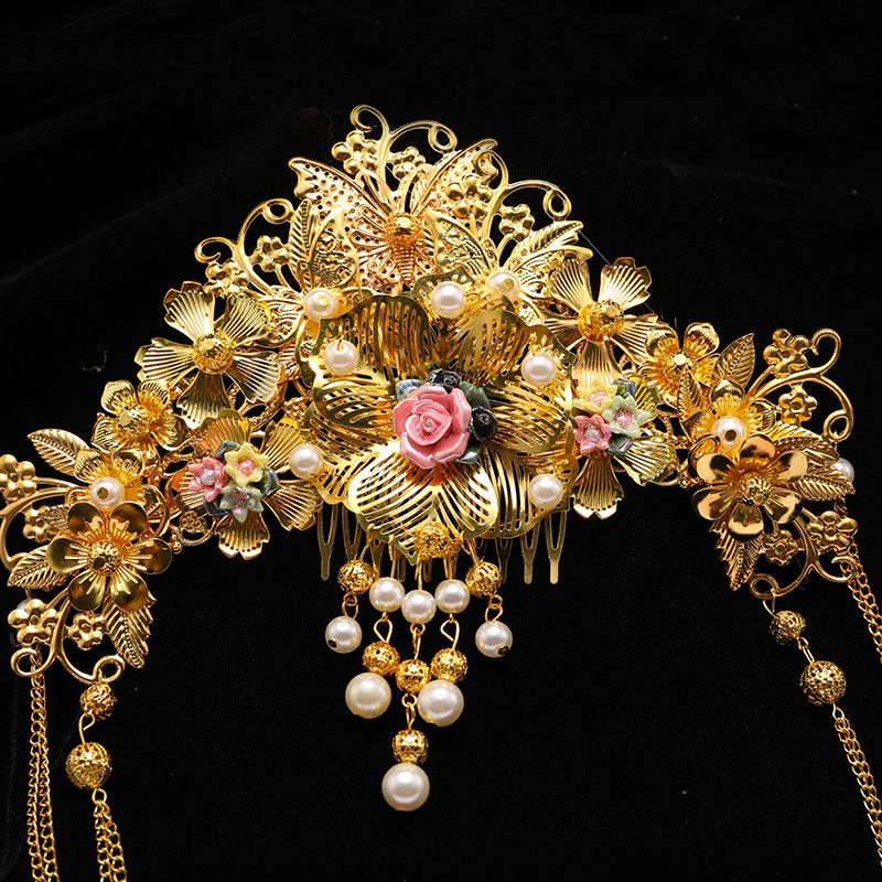 新娘头饰中式秀禾服头饰古金色发饰套装复古凤冠龙凤褂古代头饰