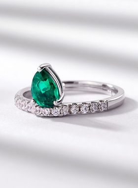 欧美新款简约水滴微镶培育祖母绿戒指S925银彩宝开口指戒