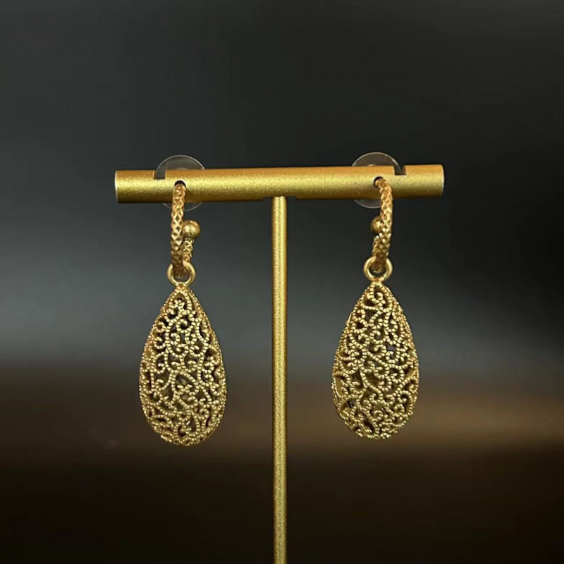 中古Vintage复古法式做旧金镂空耳环宫廷风C字水滴心形耳钉耳饰