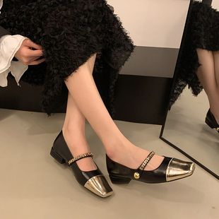 小香风拼接浅口女单鞋 玛丽珍粗跟方头大码 女鞋 宽胖脚35